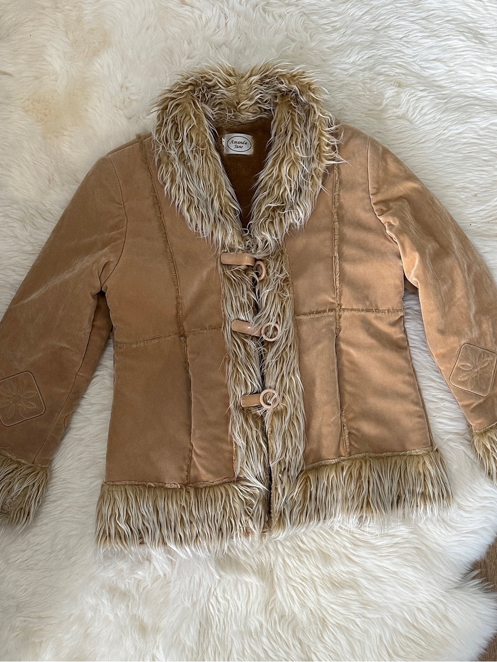Vintage Amanda Jane Tan Penny Lane Faux Fur Trim Coat